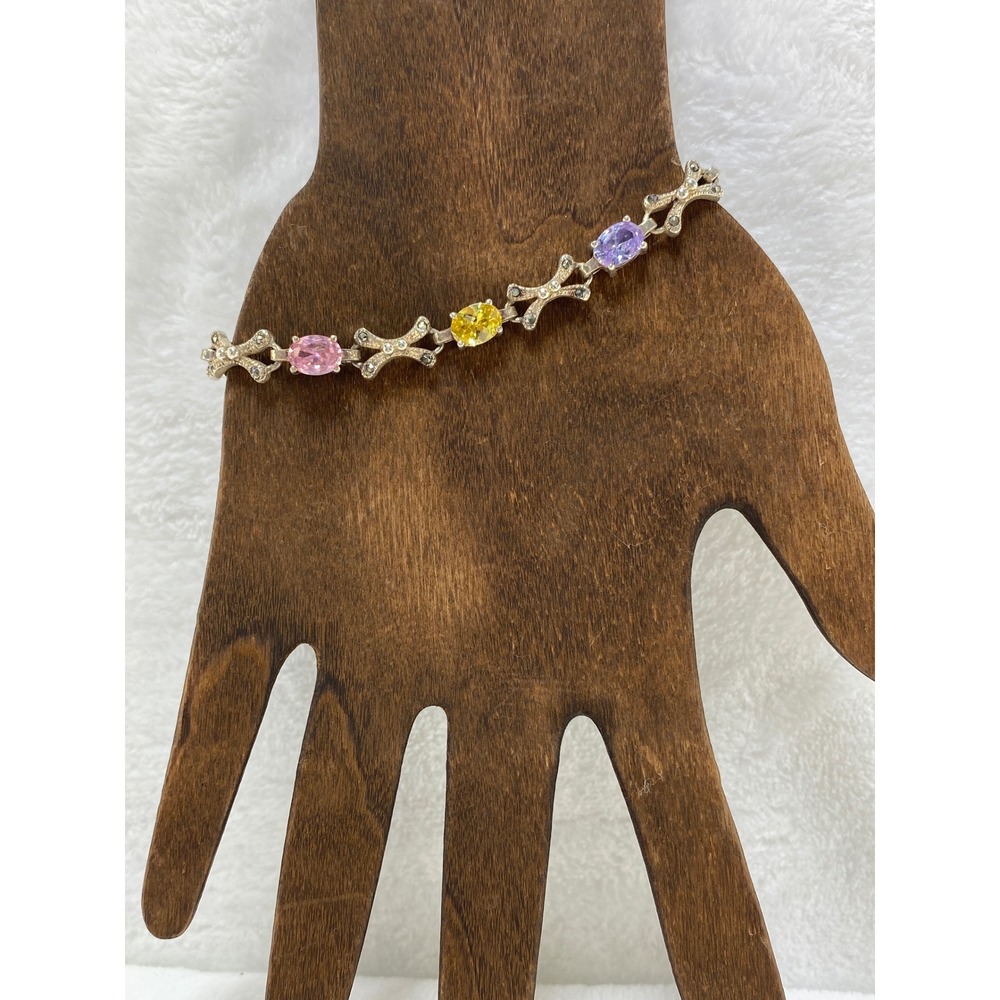 Sterling Silver 925 Natural Gemstone‎ Pastel Rhinestone Bracelet